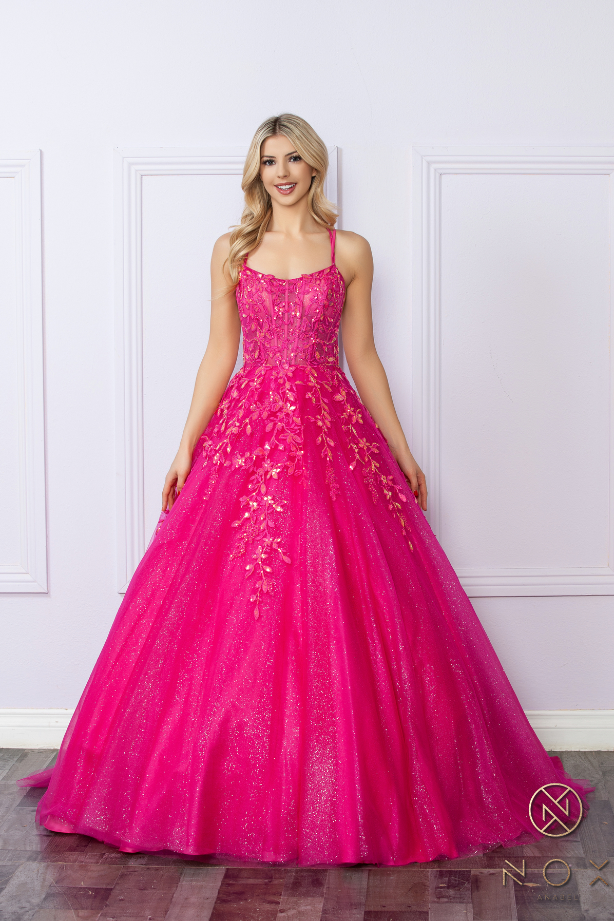 Glitter-Tulle Long Ball Gown Shimmer Sequin Lace-Up Back — Nox Anabel H1271