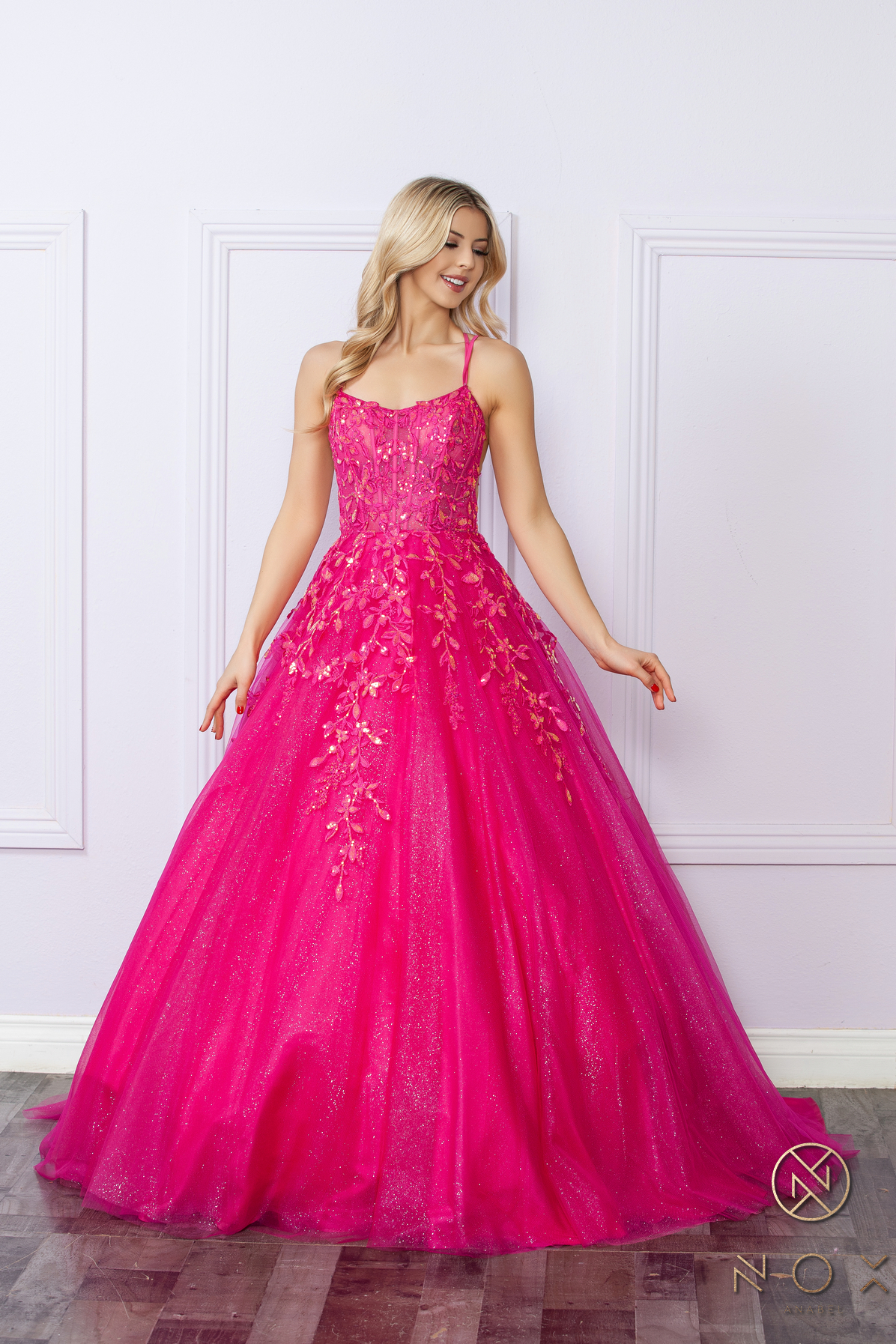 Glitter-Tulle Long Ball Gown Shimmer Sequin Lace-Up Back — Nox Anabel H1271