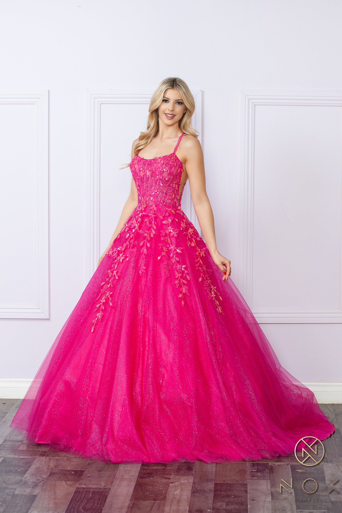 Glitter-Tulle Long Ball Gown Shimmer Sequin Lace-Up Back — Nox Anabel H1271