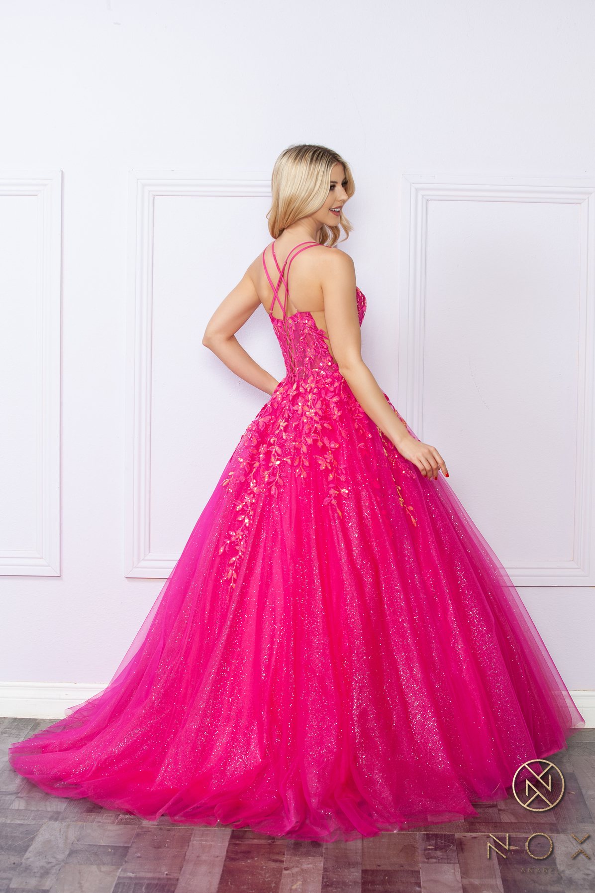 Glitter-Tulle Long Ball Gown Shimmer Sequin Lace-Up Back — Nox Anabel H1271