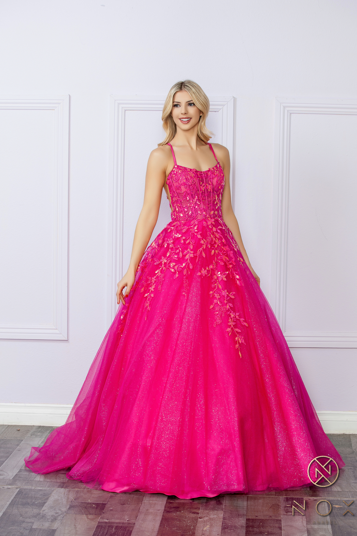 Glitter-Tulle Long Ball Gown Shimmer Sequin Lace-Up Back — Nox Anabel H1271