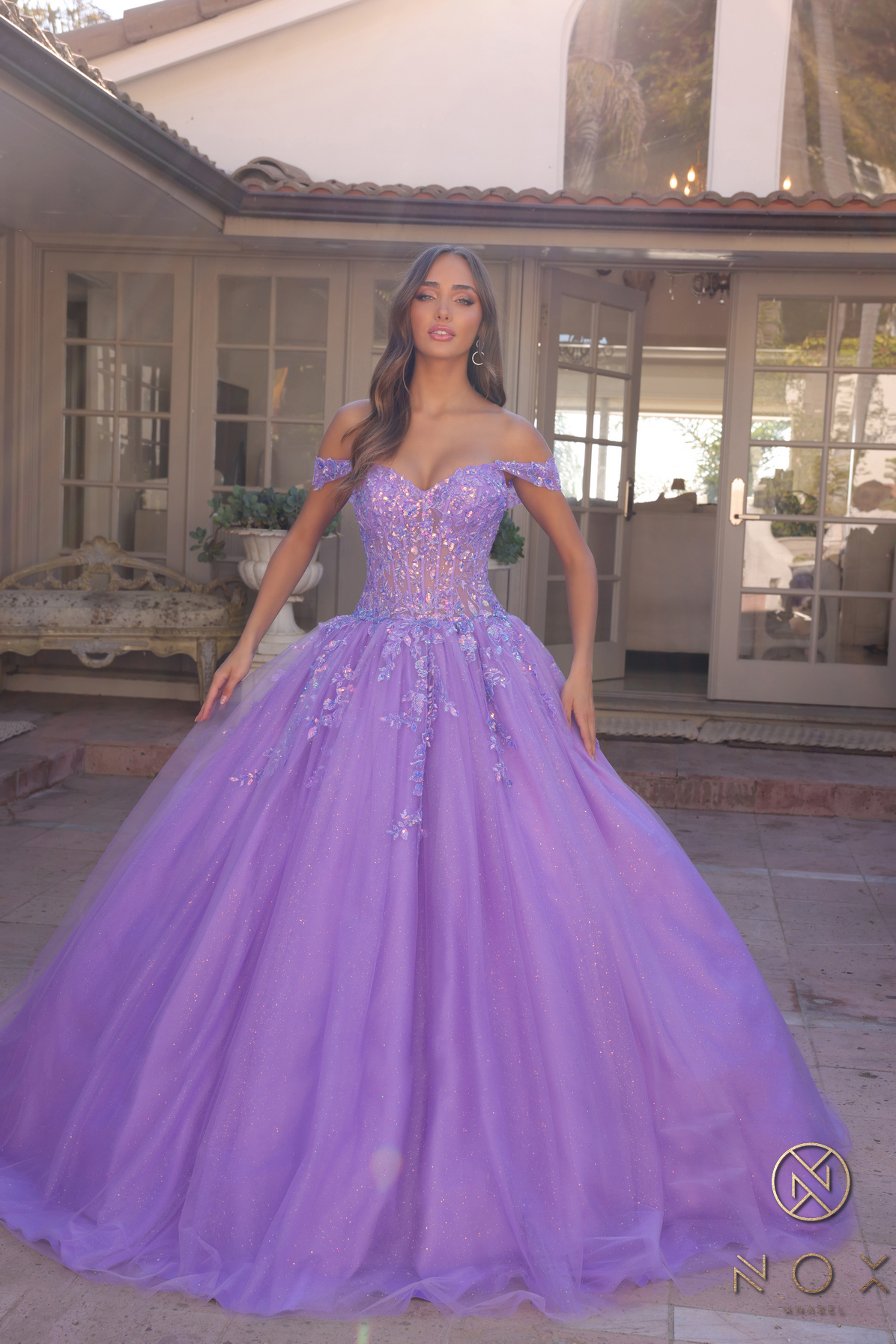 Off-Shoulder Lace Up A-Line Ball Gown — Nox Anabel H1349