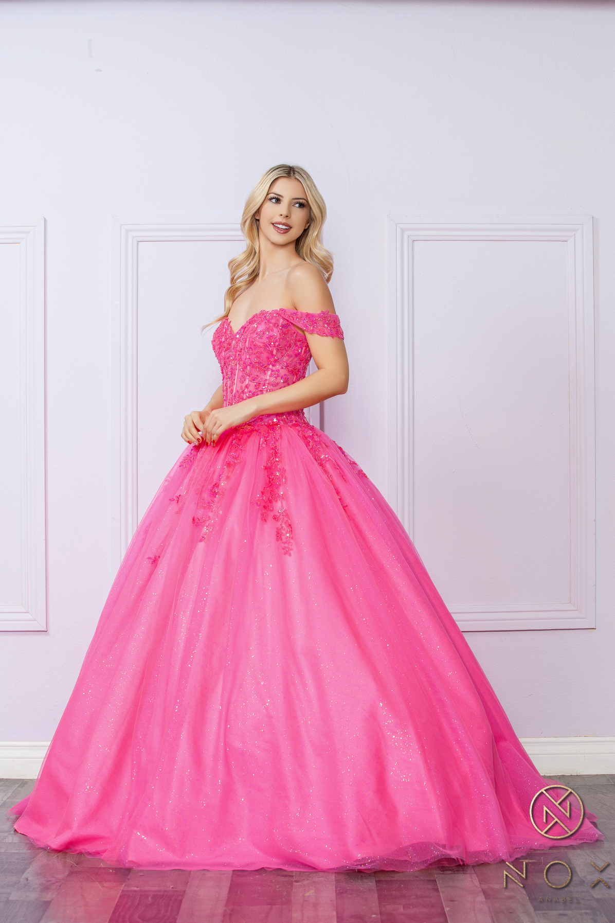 Off-Shoulder Lace Up A-Line Ball Gown — Nox Anabel H1349