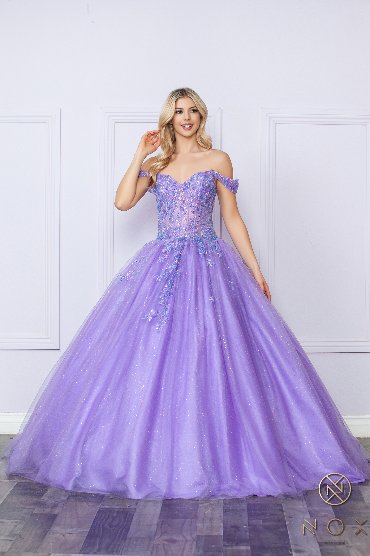 Off-Shoulder Lace Up A-Line Ball Gown — Nox Anabel H1349