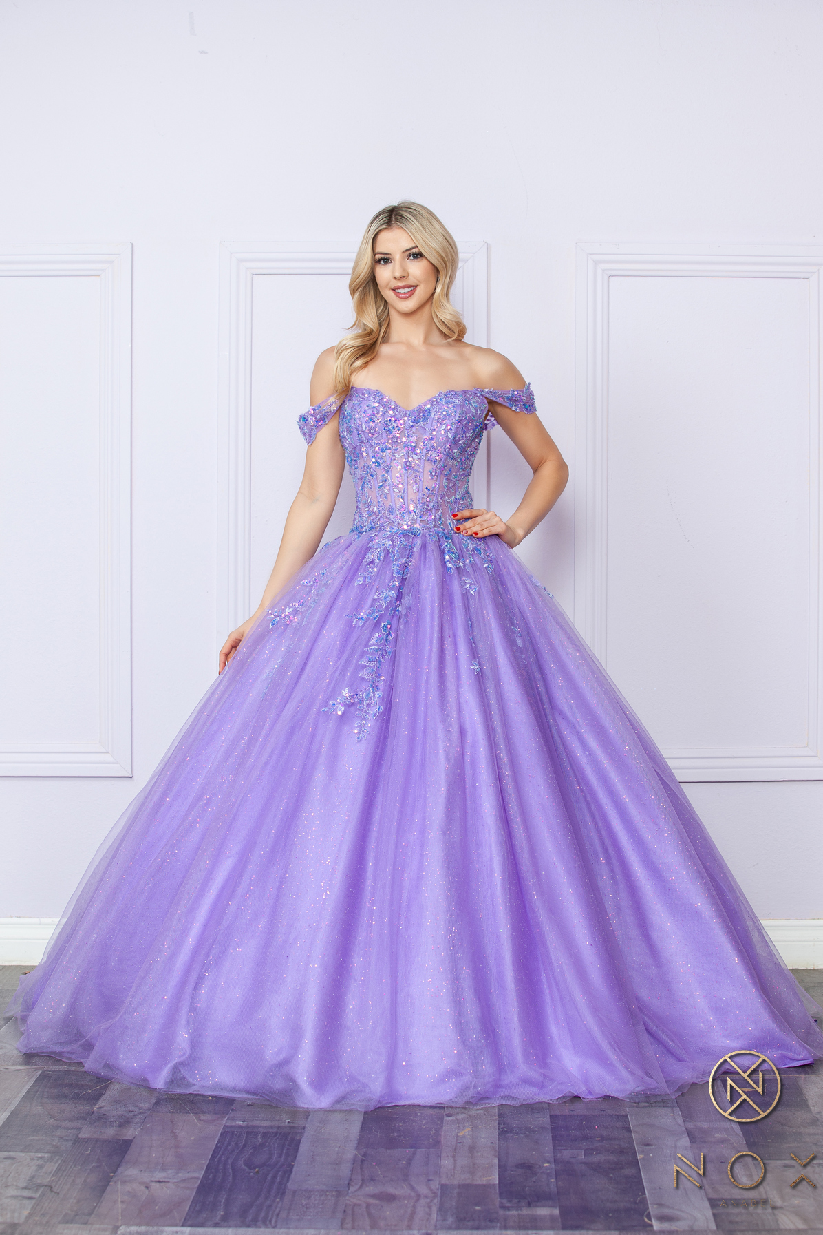 Off-Shoulder Lace Up A-Line Ball Gown — Nox Anabel H1349