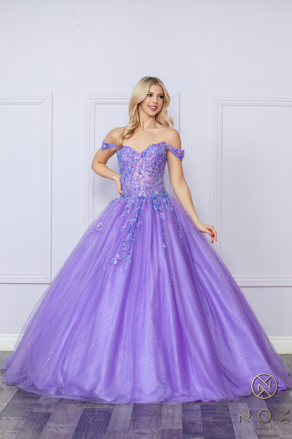 Off-Shoulder Lace Up A-Line Ball Gown — Nox Anabel H1349