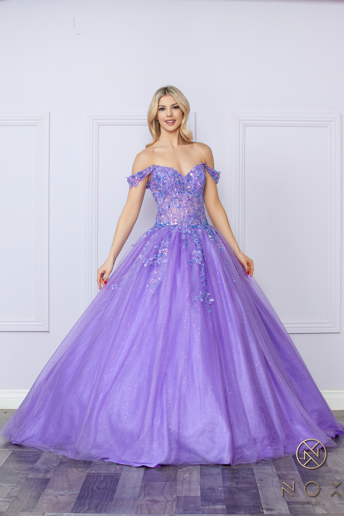 Off-Shoulder Lace Up A-Line Ball Gown — Nox Anabel H1349