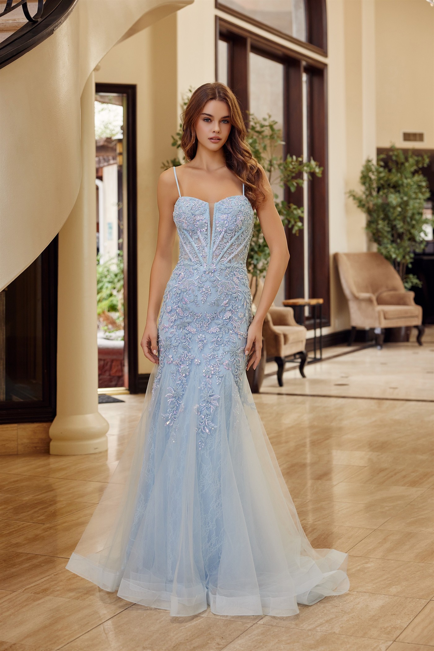Trumpet Silhouette Tulle Material Plunging Semi Sweethear