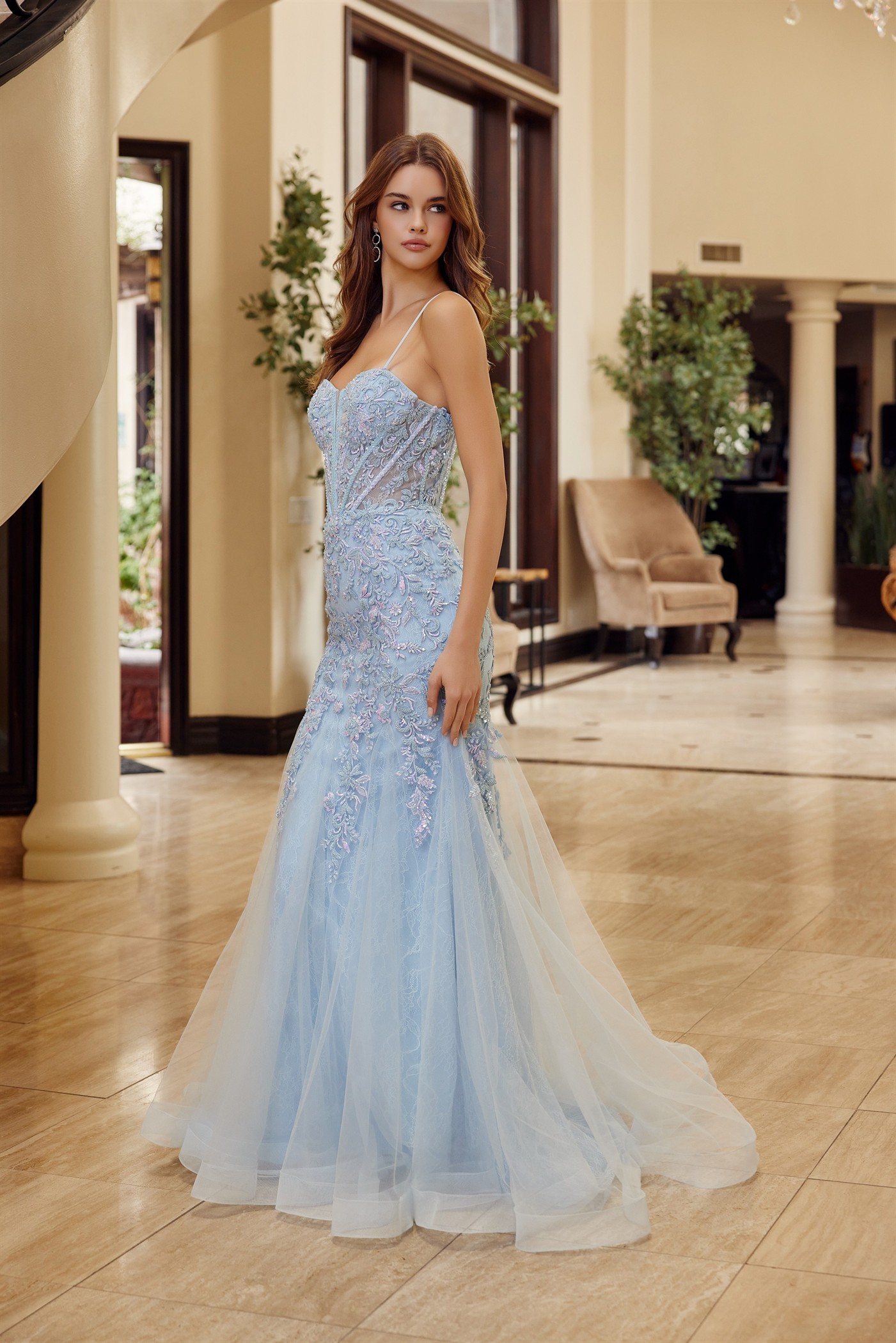 Trumpet Silhouette Tulle Material Plunging Semi Sweethear — Nox Anabel H1874