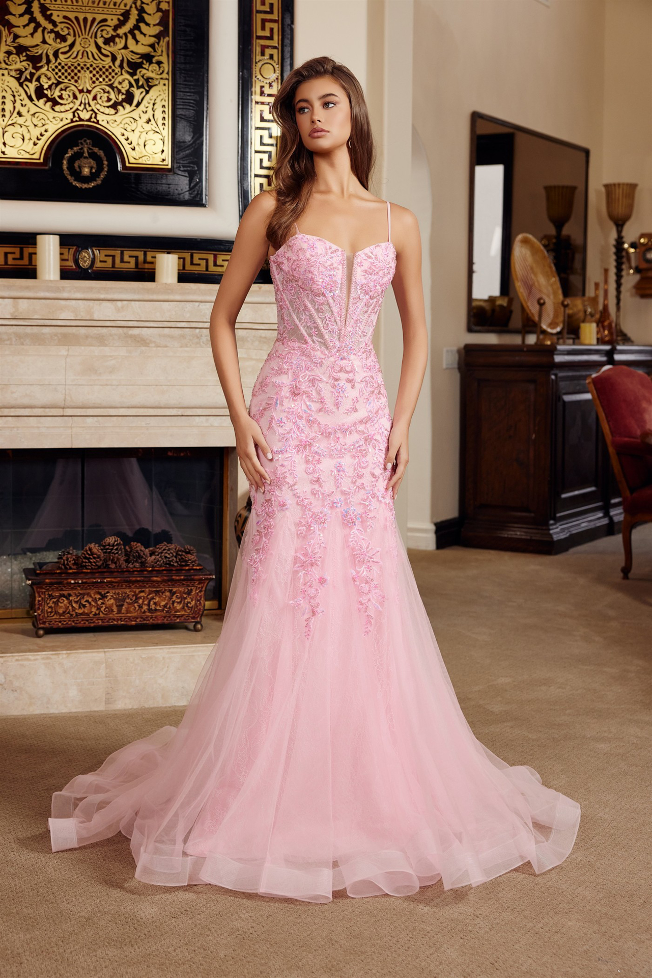 Trumpet Silhouette Tulle Material Plunging Semi Sweethear — Nox Anabel H1874