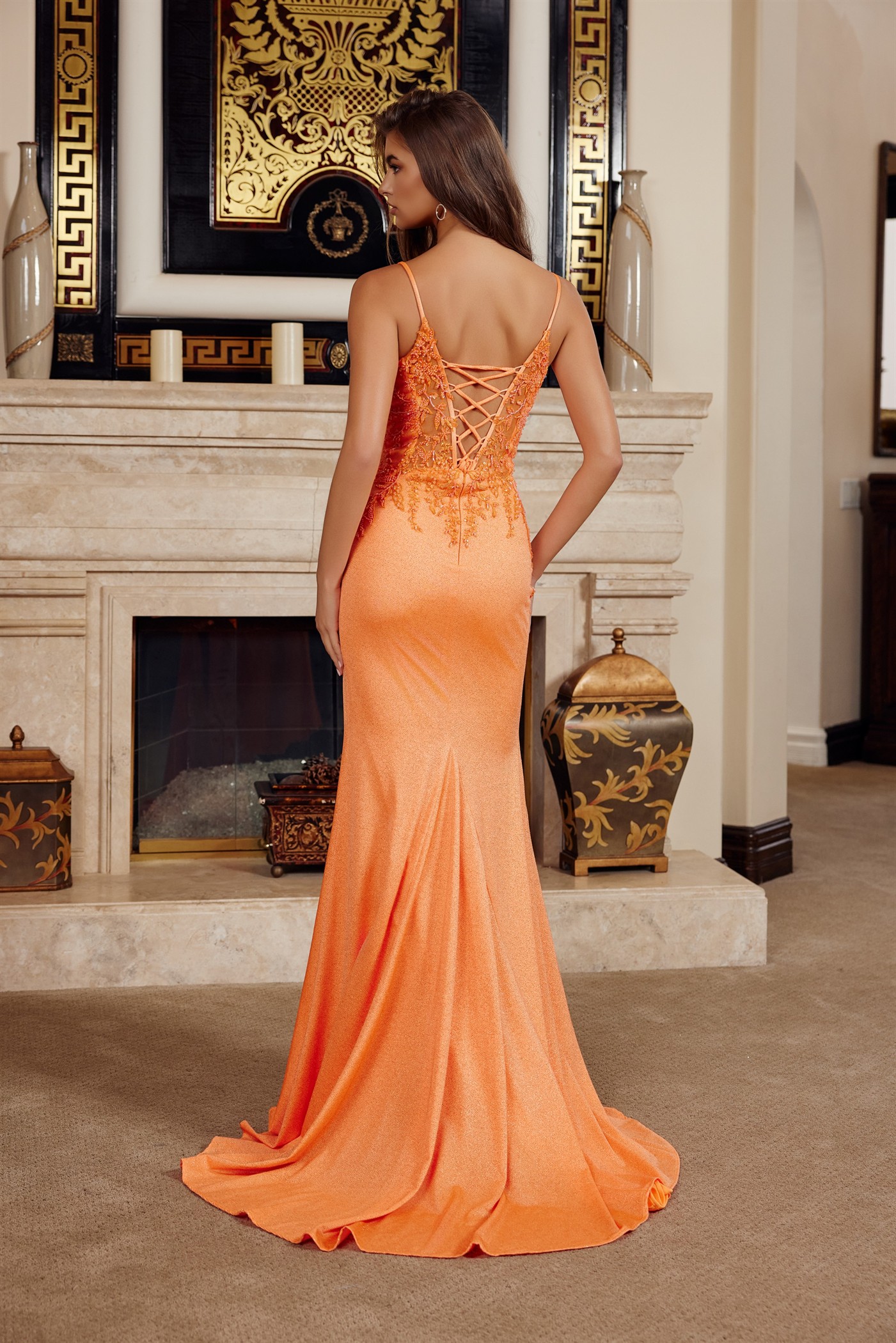 Glitter Stretch Satin Spaghetti Straps V Neckline — Nox Anabel H1875