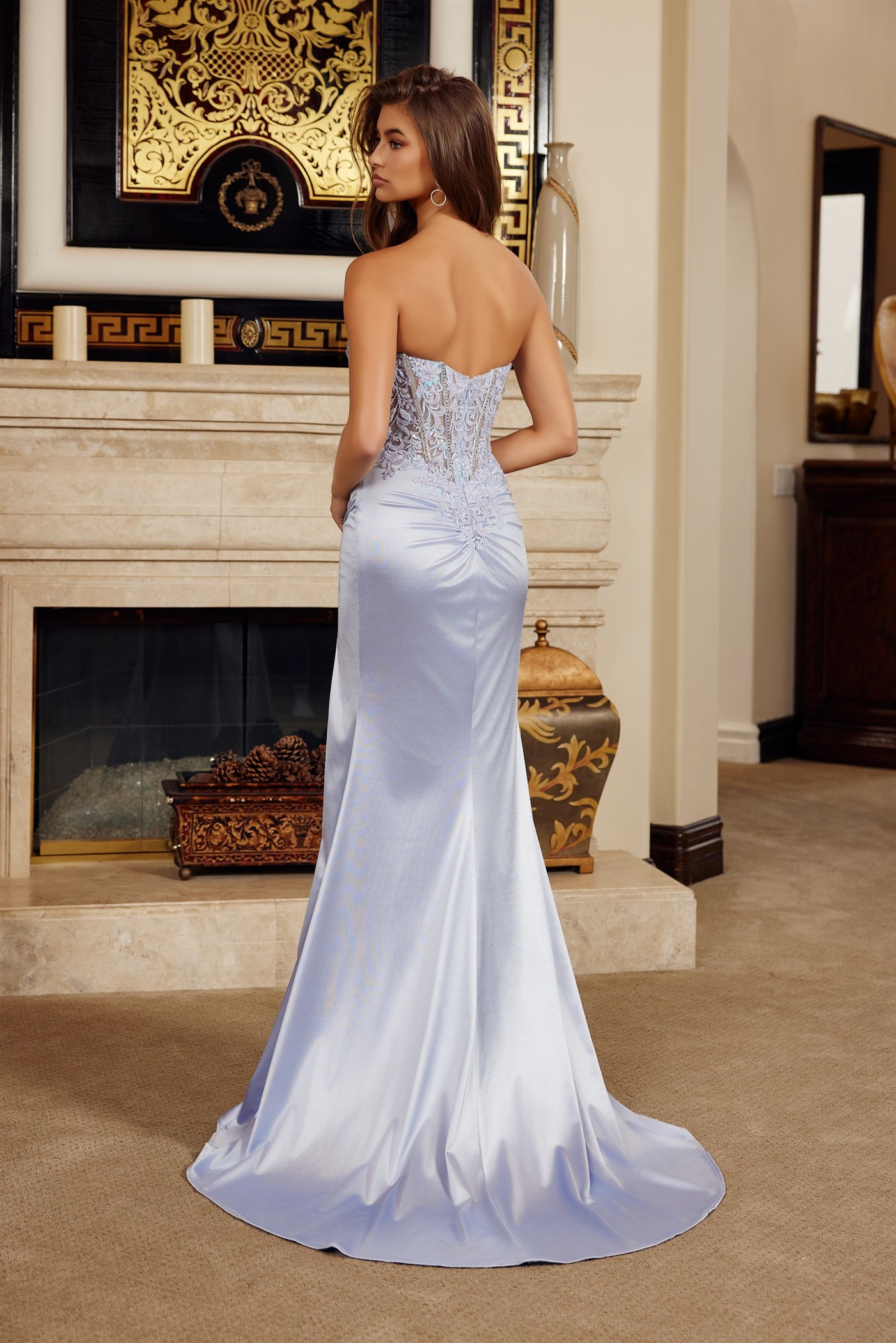 Satin Strapless V Neckline with Sequined Embroidery Bodice — Nox Anabel H1876