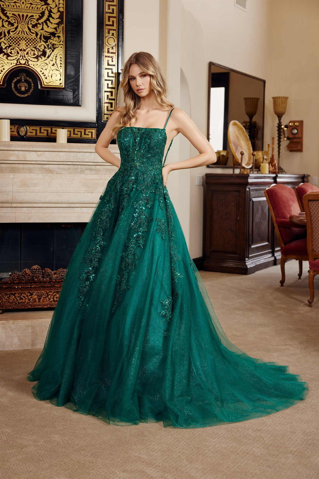 BALL GOWN with A STRAIGHT ACROSS BUSTLINE SPAGHETTI STRAPS