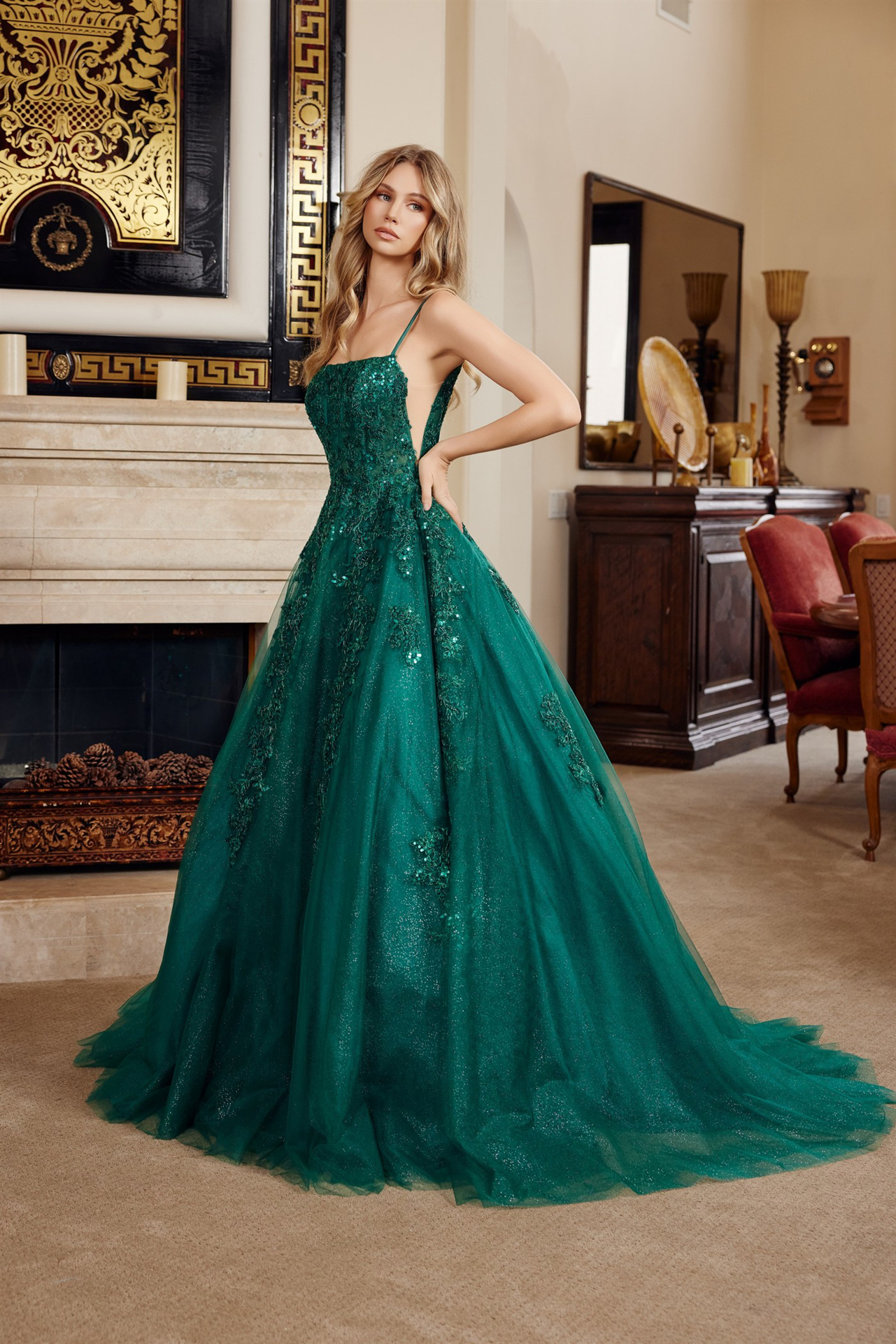 BALL GOWN with A STRAIGHT ACROSS BUSTLINE SPAGHETTI STRAPS — Nox Anabel H1880