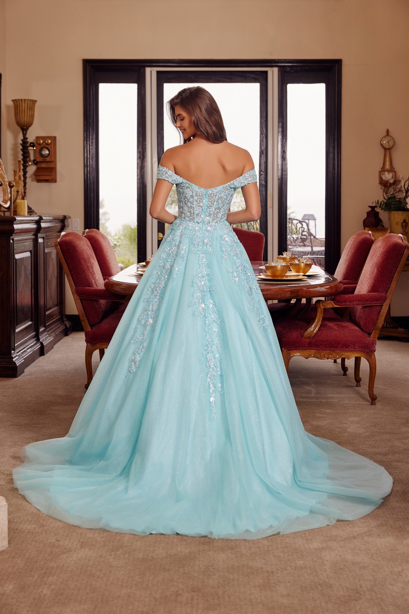 Plunging V Neckline Ball Gown with a Sheer Boned Waistline — Nox Anabel H1881