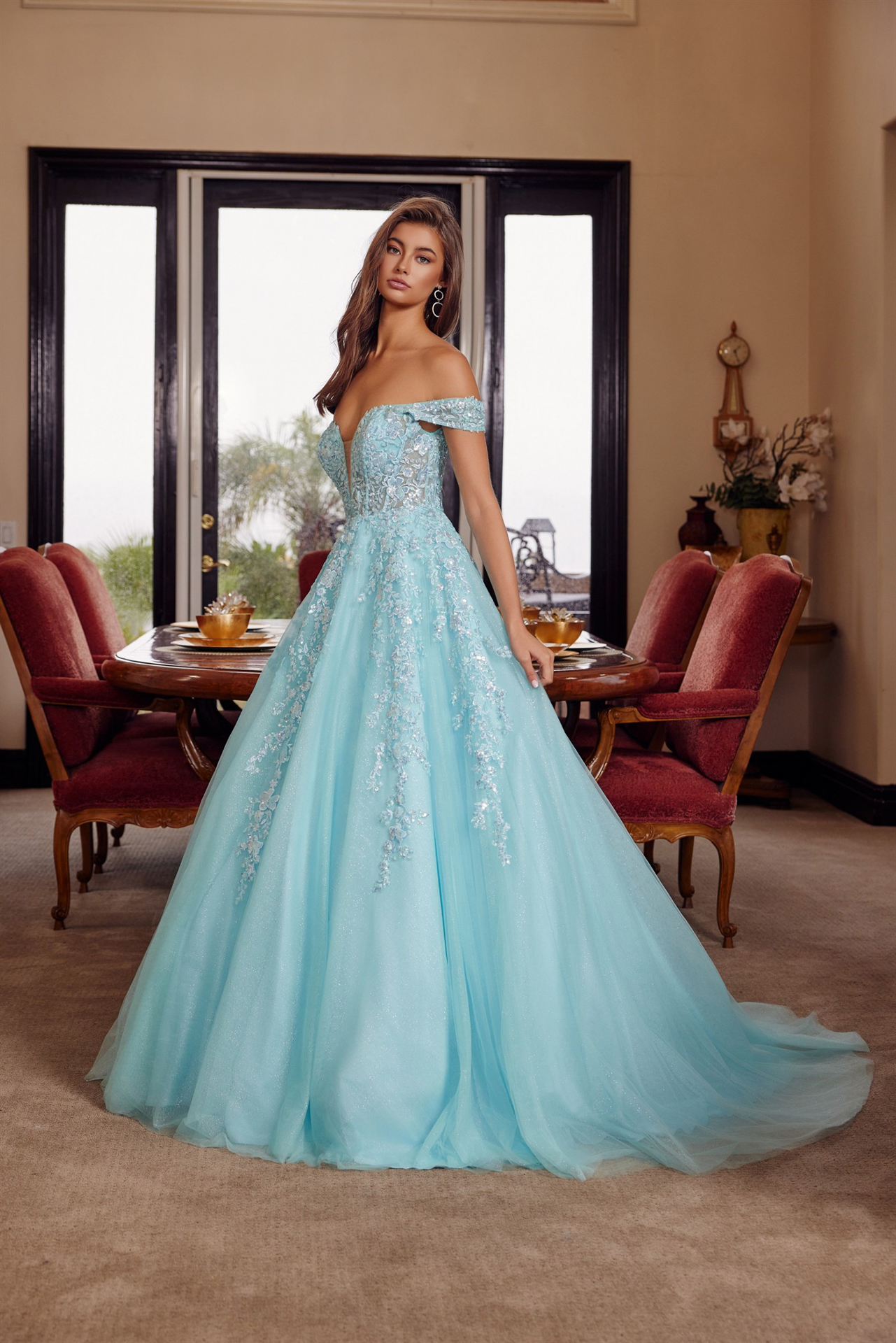 Plunging V Neckline Ball Gown with a Sheer Boned Waistline — Nox Anabel H1881