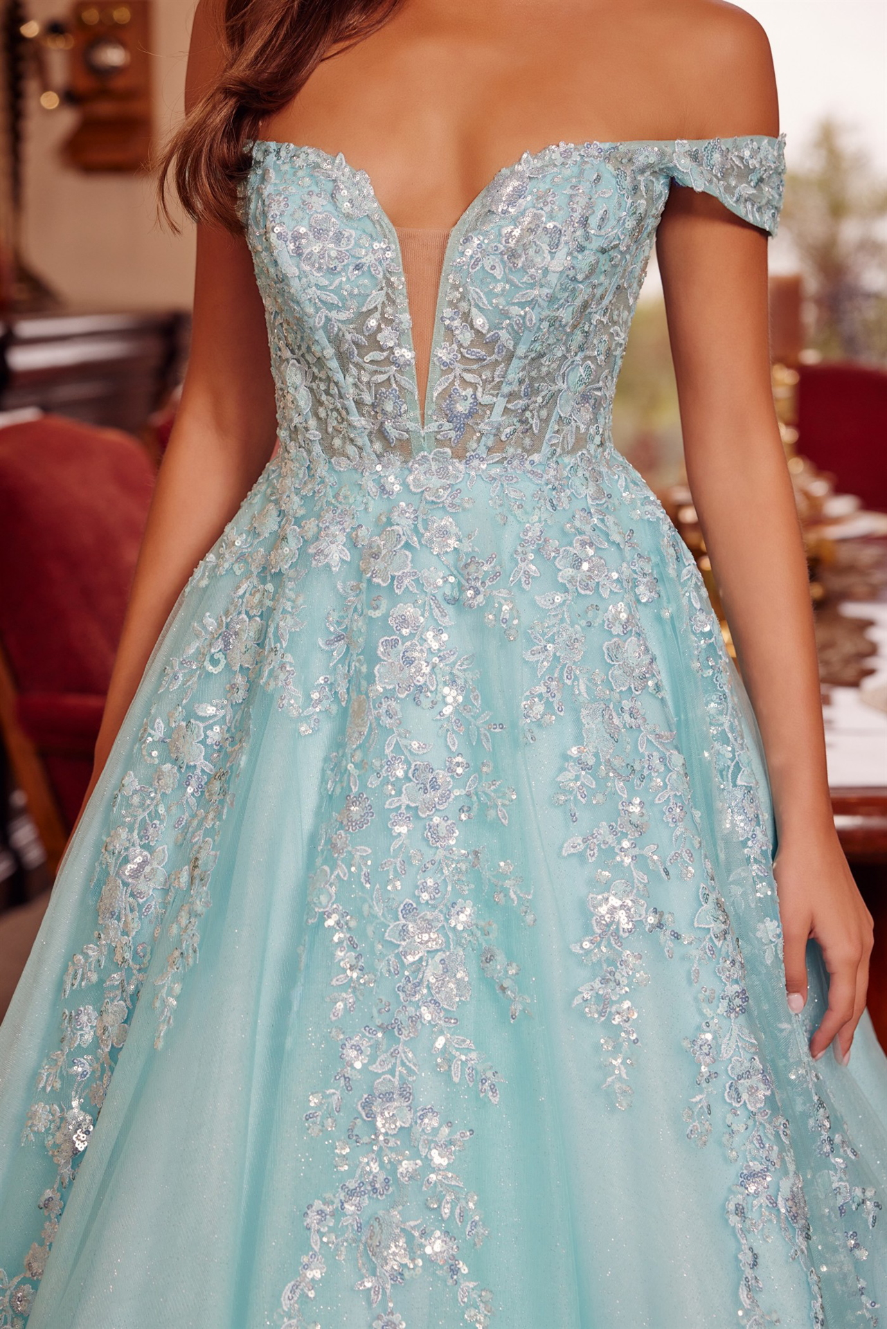 Plunging V Neckline Ball Gown with a Sheer Boned Waistline — Nox Anabel H1881