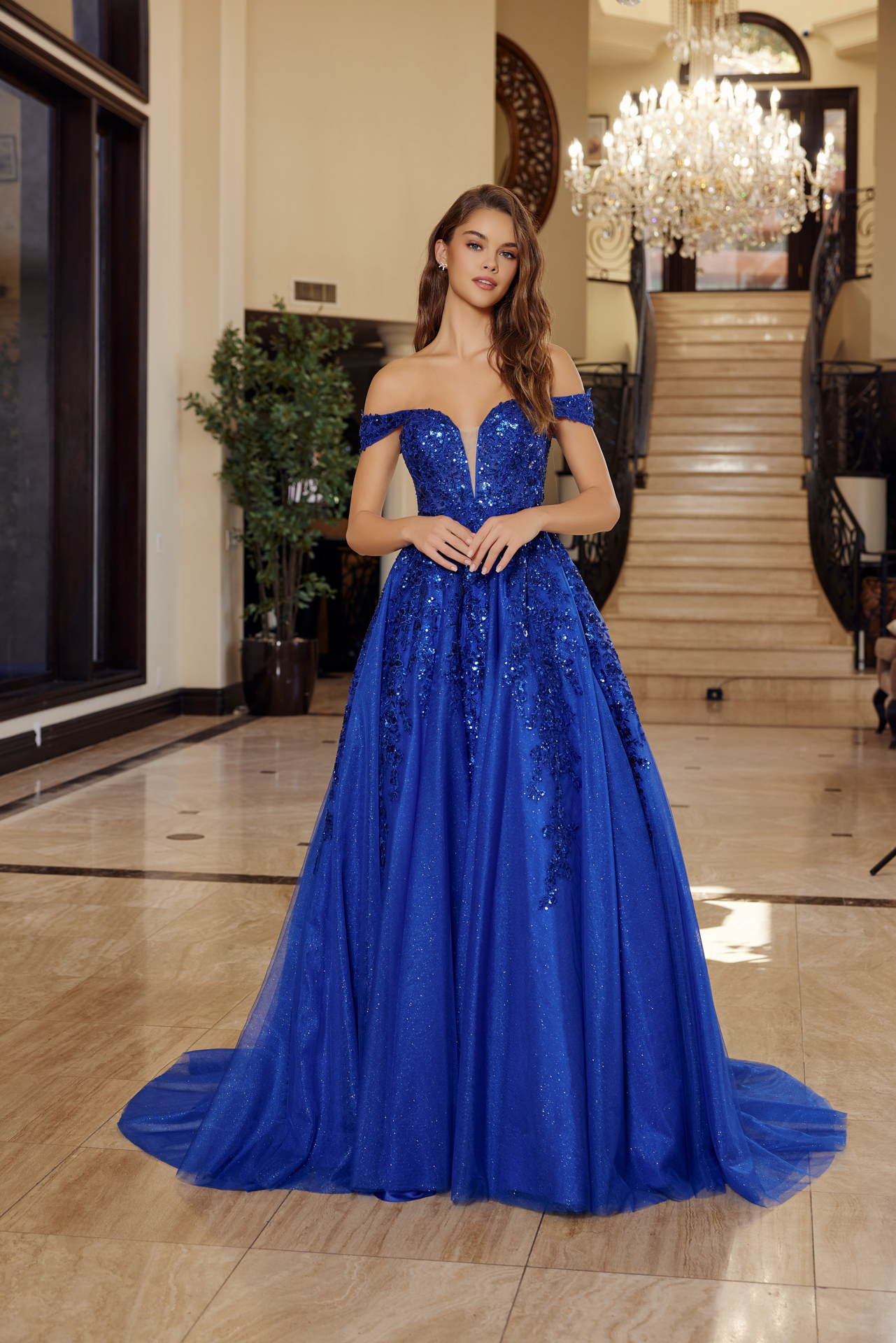Plunging V Neckline Ball Gown with a Sheer Boned Waistline — Nox Anabel H1881