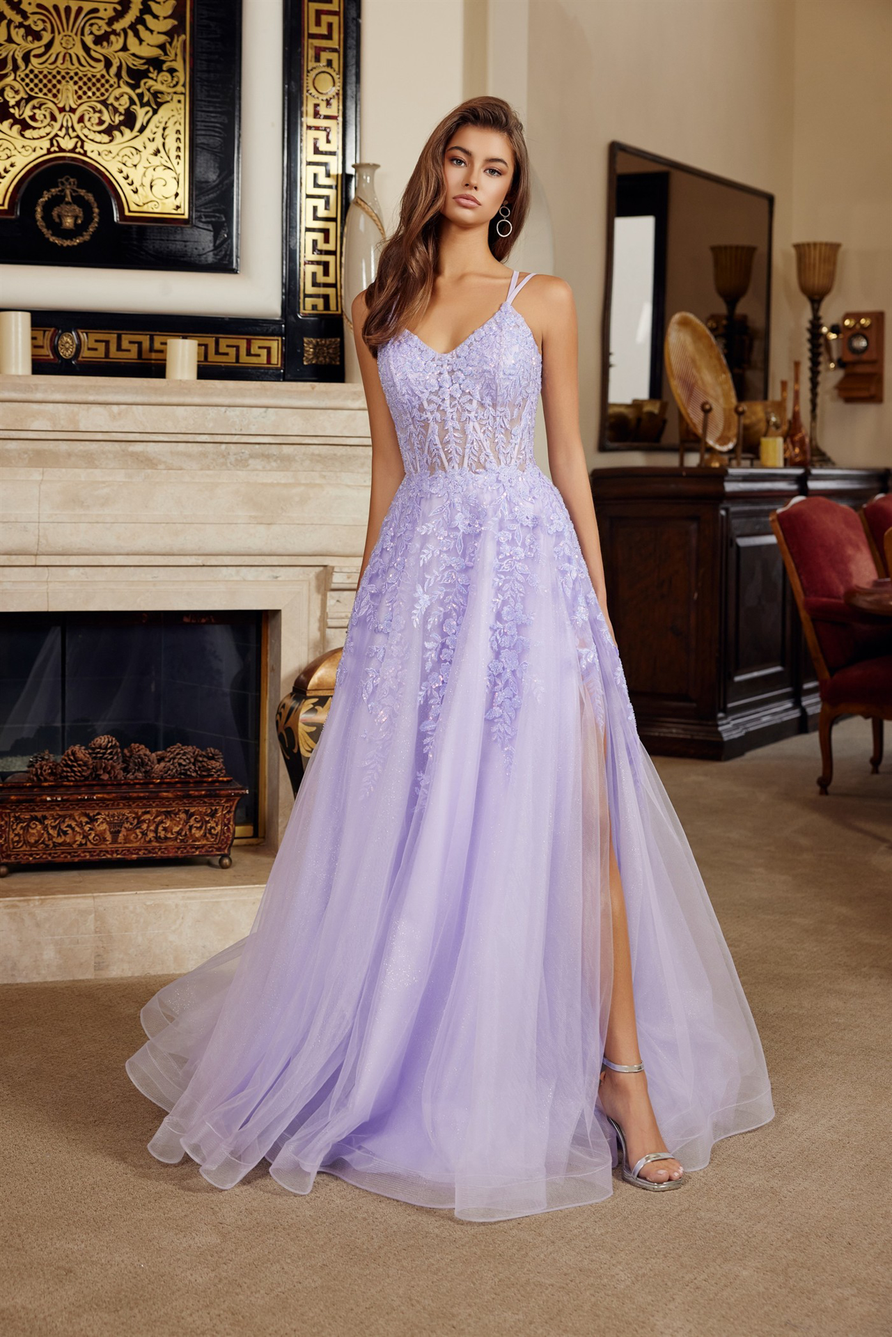 Fit and Flare Long Gown V Neckline Double Spaghetti Straps