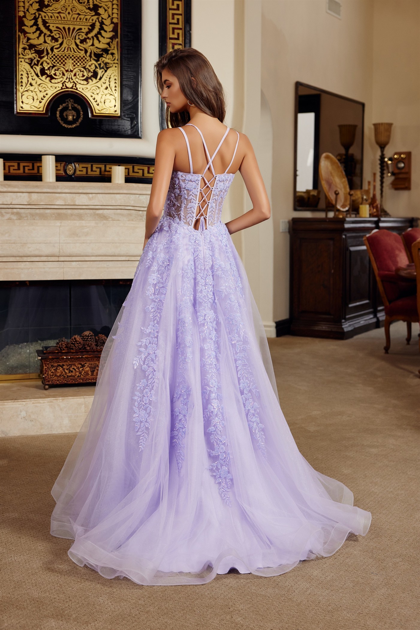 Fit and Flare Long Gown V Neckline Double Spaghetti Straps — Nox Anabel H1882