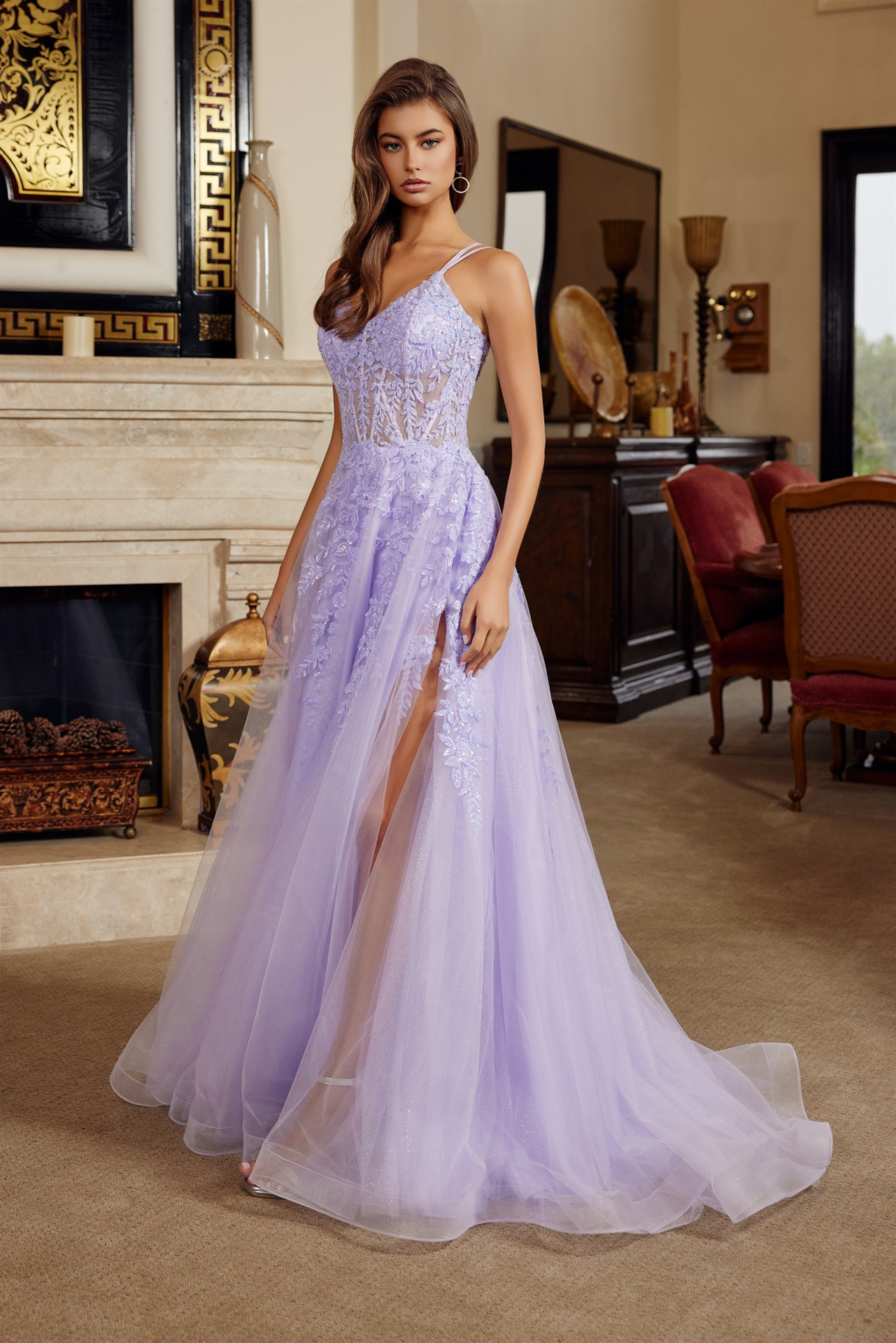Fit and Flare Long Gown V Neckline Double Spaghetti Straps — Nox Anabel H1882