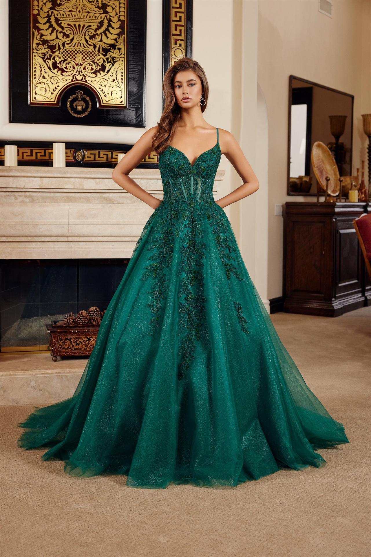 Fit & Flare Long Gown Plunging V Neckline Spaghetti Straps — Nox Anabel H1883