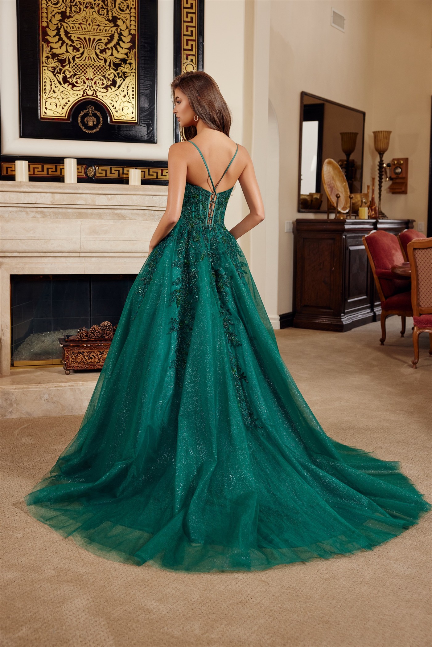 Fit & Flare Long Gown Plunging V Neckline Spaghetti Straps — Nox Anabel H1883