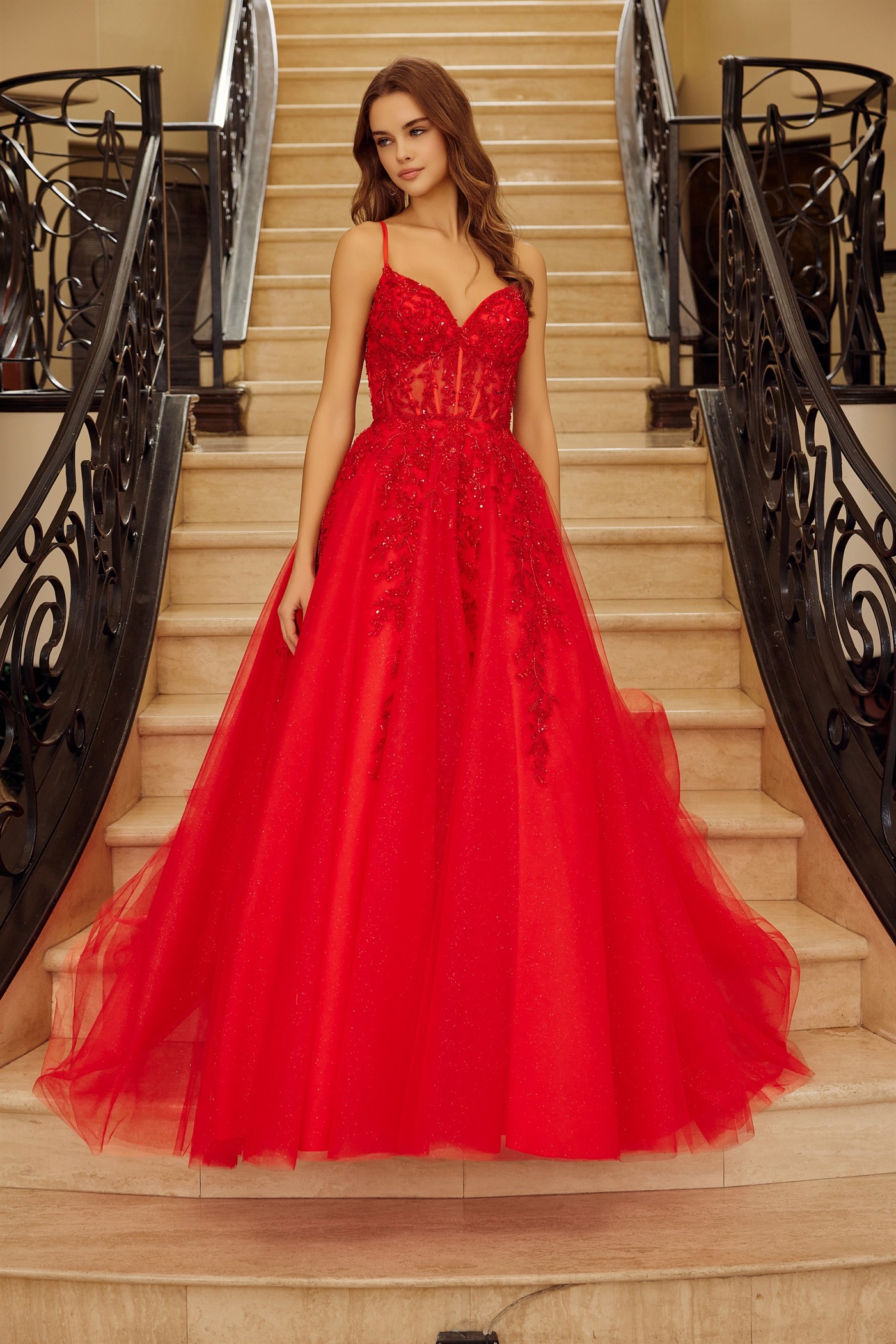 Fit & Flare Long Gown Plunging V Neckline Spaghetti Straps — Nox Anabel H1883