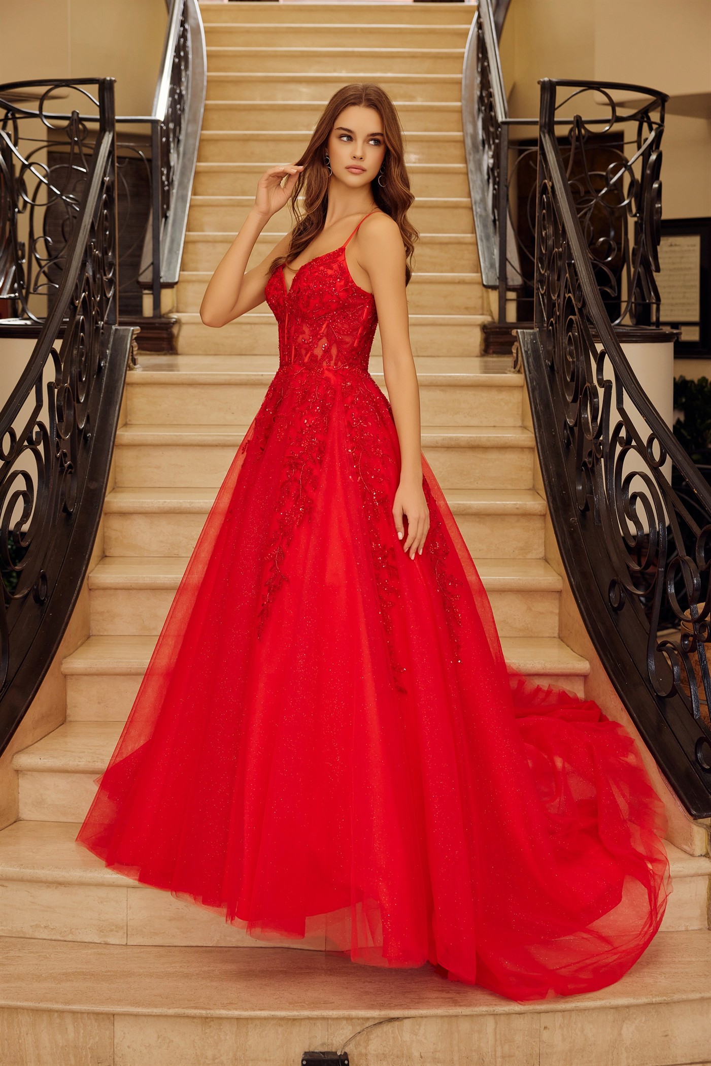 Fit & Flare Long Gown Plunging V Neckline Spaghetti Straps — Nox Anabel H1883