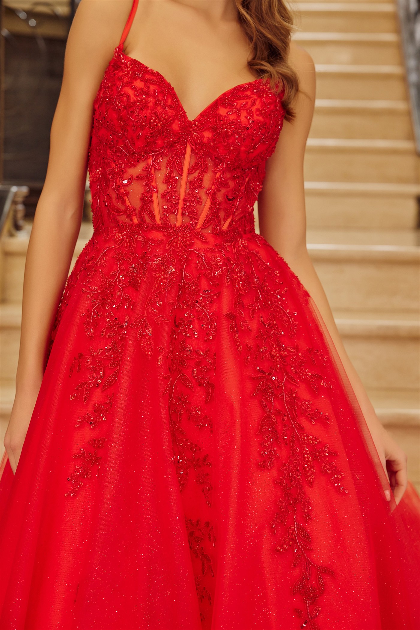 Fit & Flare Long Gown Plunging V Neckline Spaghetti Straps — Nox Anabel H1883