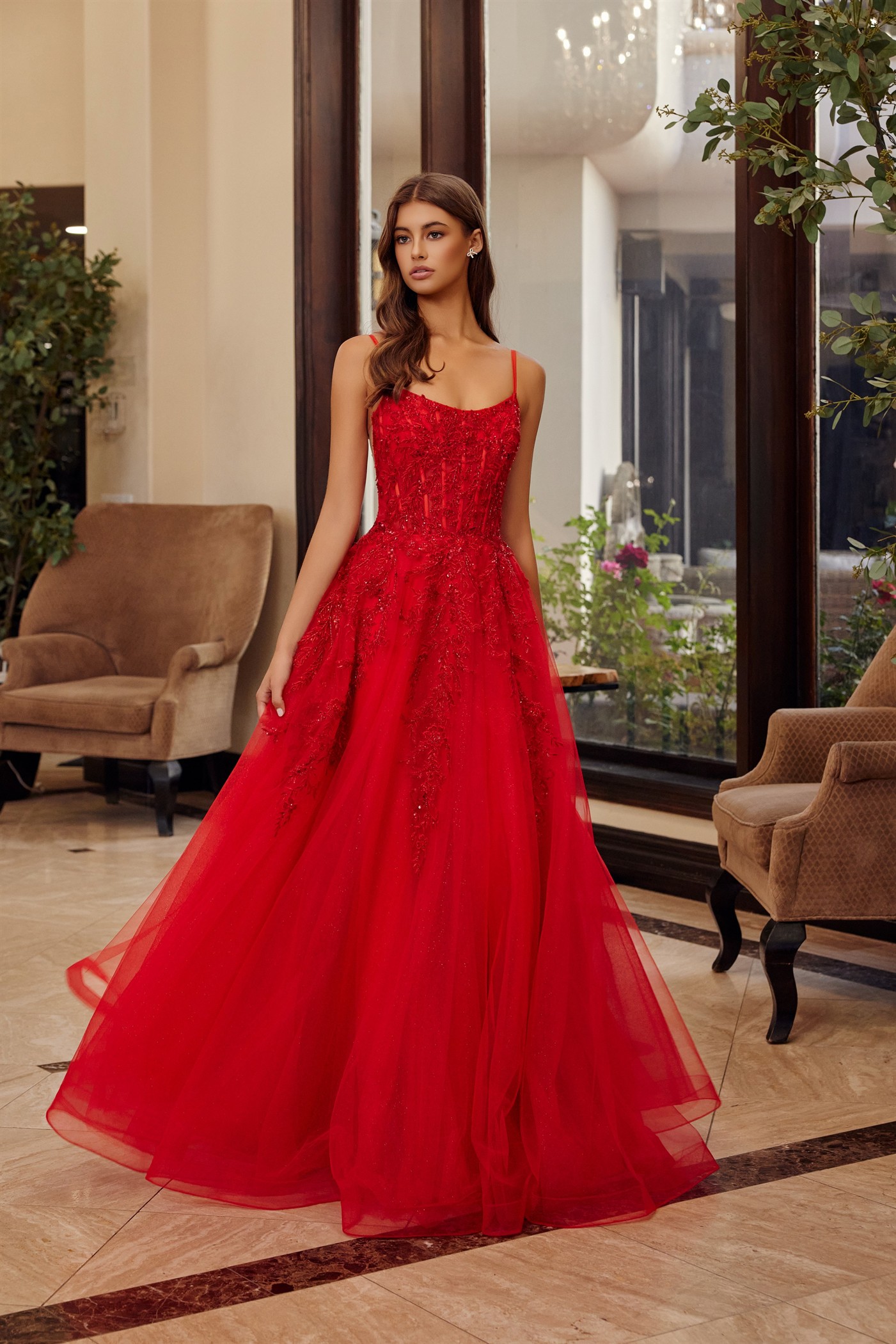 Fit and Flare Long Gown Scoop Neckline Thin Straps