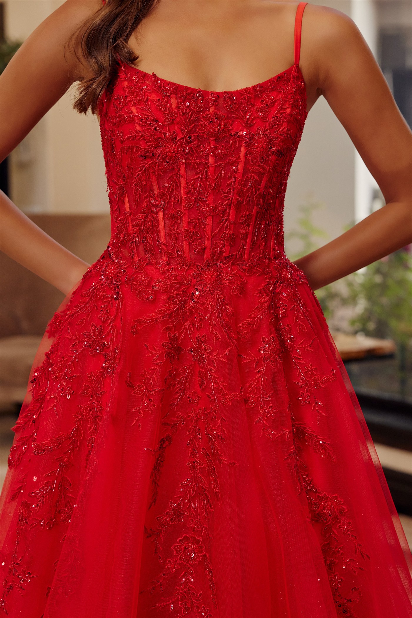 Fit and Flare Long Gown Scoop Neckline Thin Straps — Nox Anabel H1886