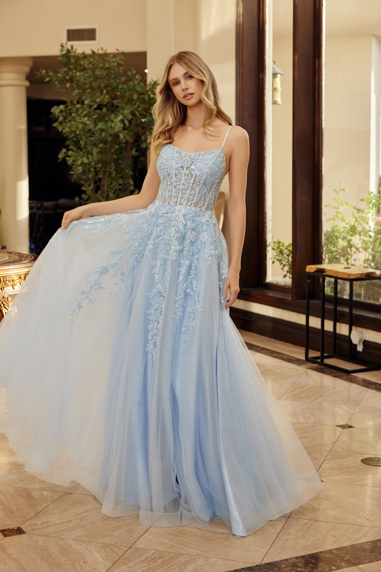 Fit and Flare Long Gown Scoop Neckline Thin Straps — Nox Anabel H1886