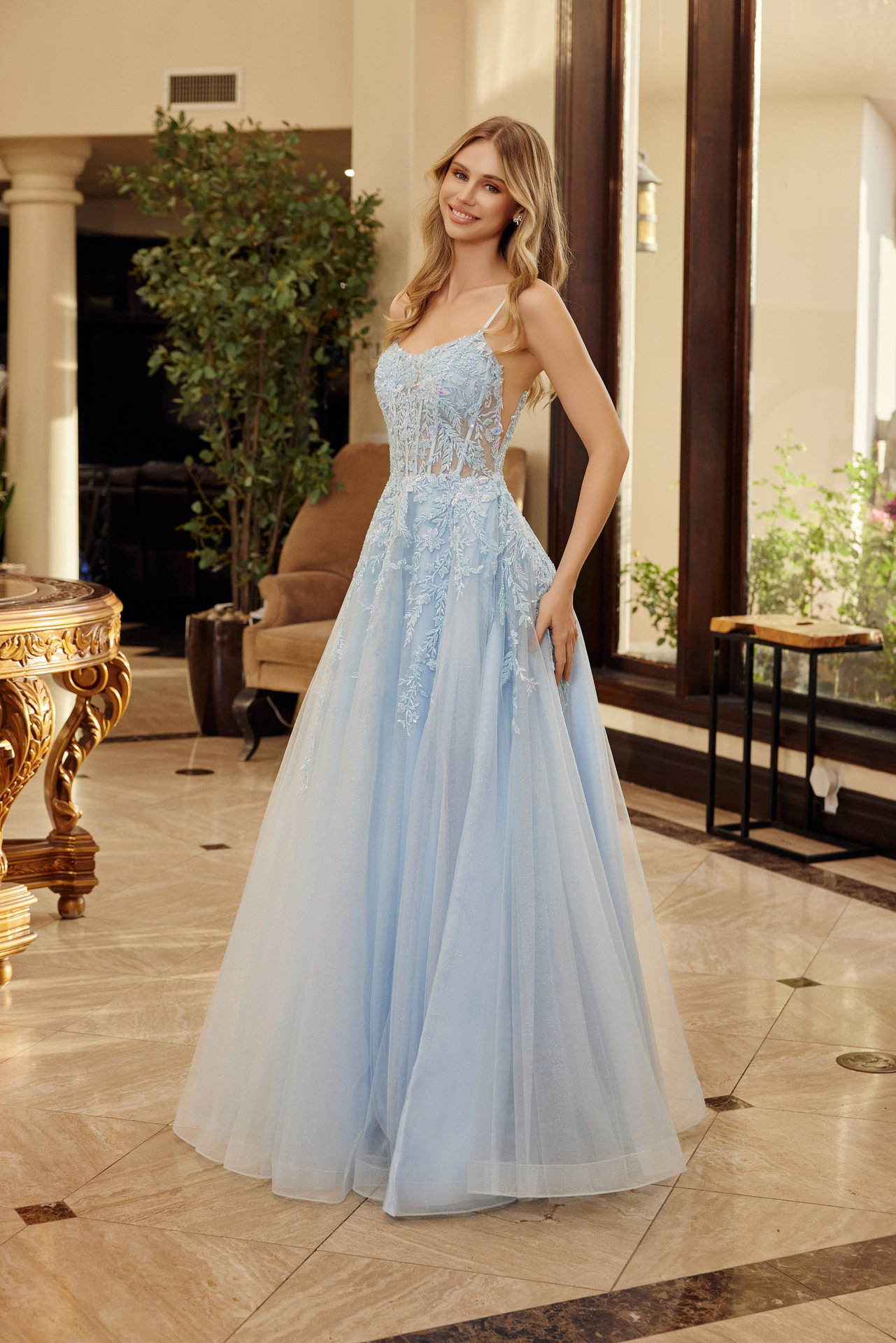 Fit and Flare Long Gown Scoop Neckline Thin Straps — Nox Anabel H1886