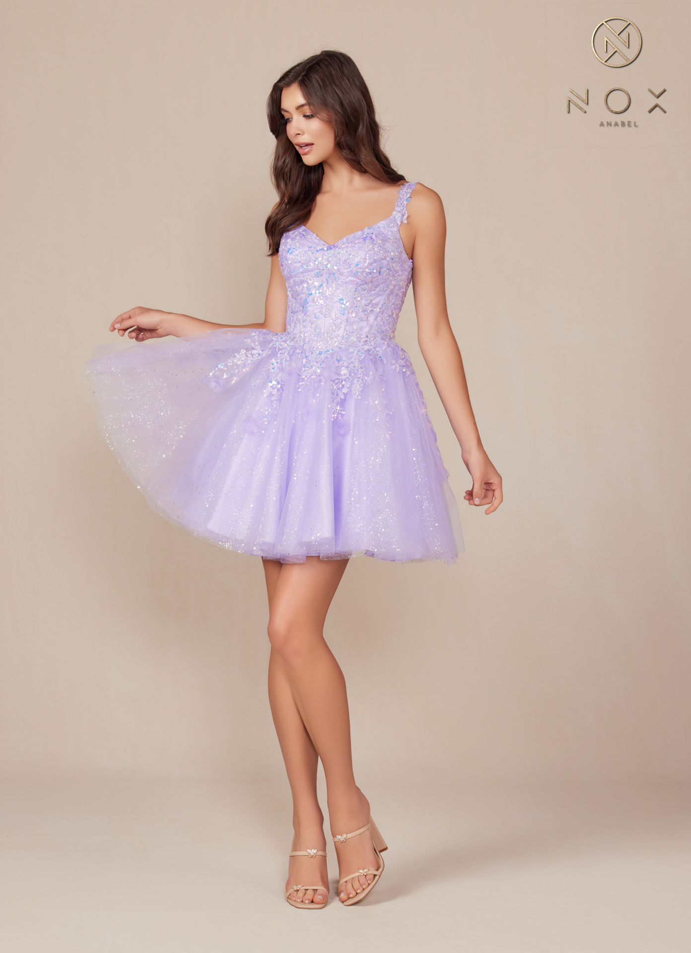 Beautiful Fit and Flare Short Dress with a Sheer Boned Waisline — Nox Anabel H846