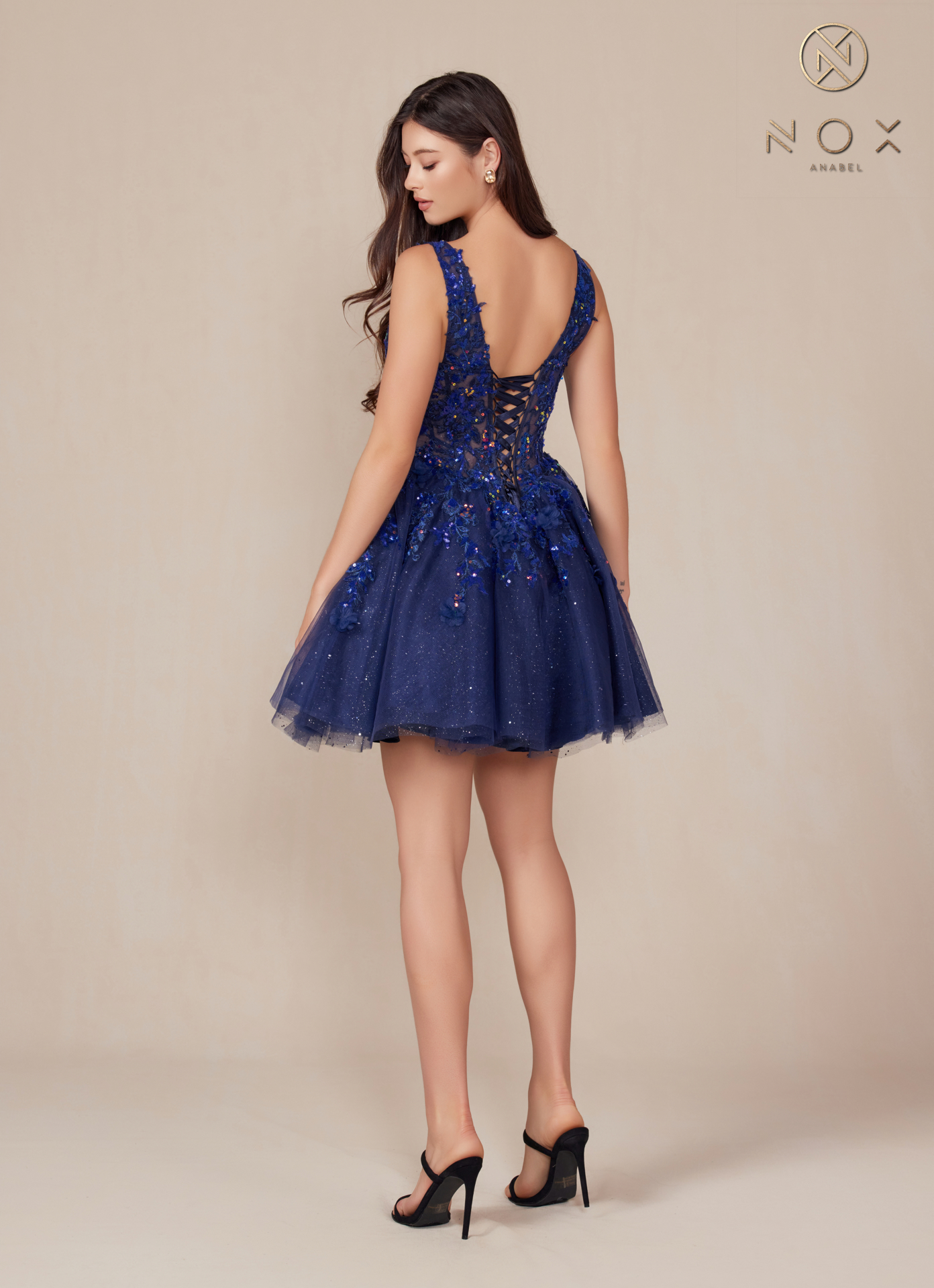 Beautiful Fit and Flare Short Dress with a Sheer Boned Waisline — Nox Anabel H846