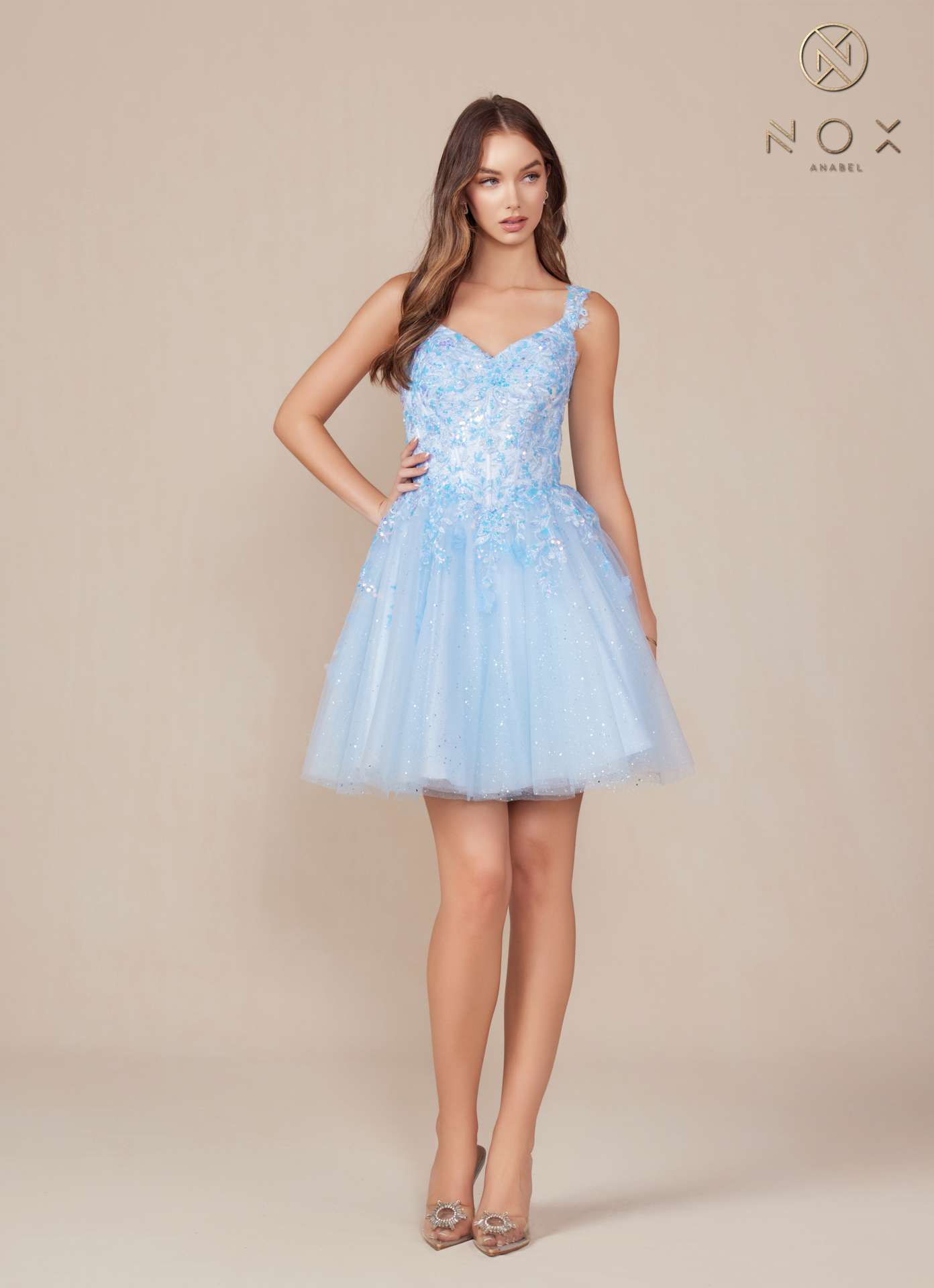 Beautiful Fit and Flare Short Dress with a Sheer Boned Waisline — Nox Anabel H846