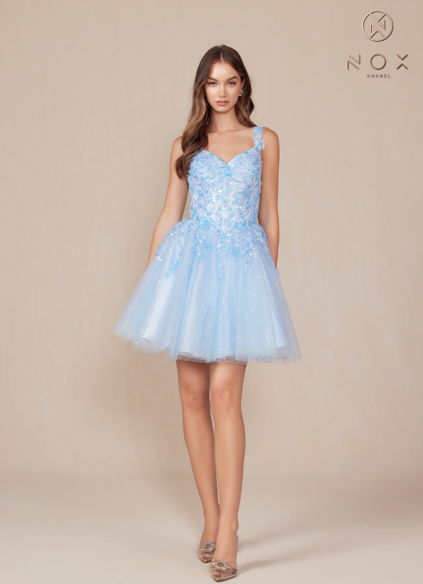 Beautiful Fit and Flare Short Dress with a Sheer Boned Waisline — Nox Anabel H846