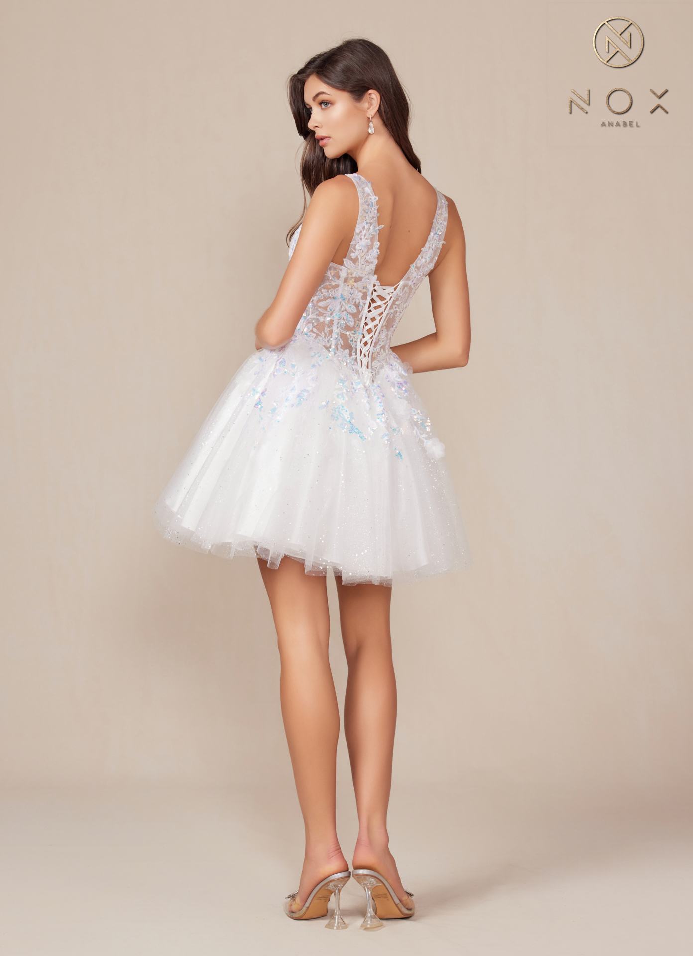 Sequin Embellished Corset Short Tulle Wedding Dress — Nox Anabel H846W