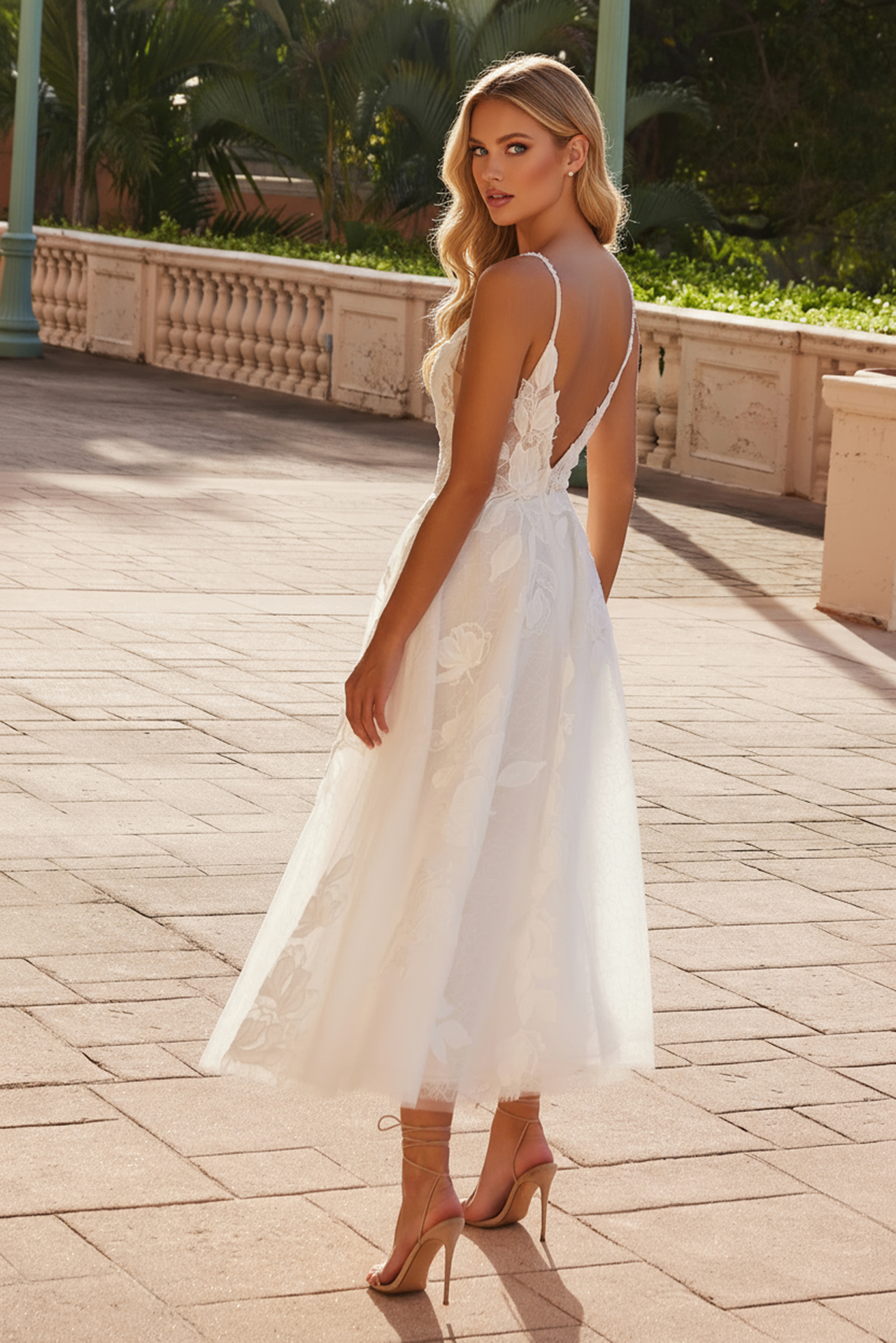 Plunged Neckline Tea Length Wedding Dress — Nox Anabel JE1027