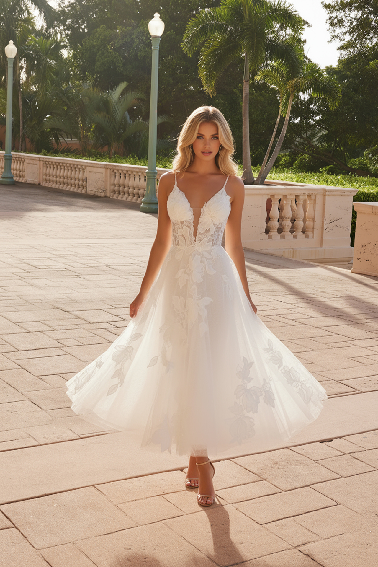 Plunged Neckline Tea Length Wedding Dress — Nox Anabel JE1027