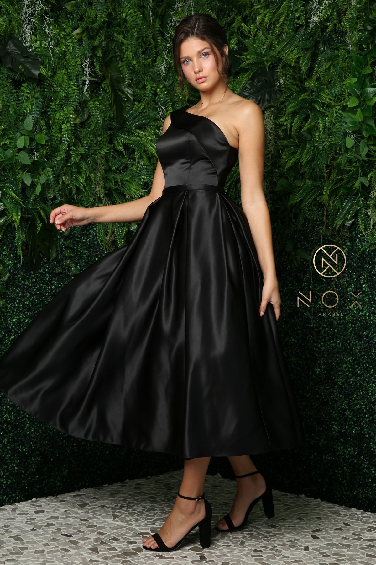 Shiny Satin One-Shoulder Tea-Length Dress and Back Zipper — Nox Anabel JE931