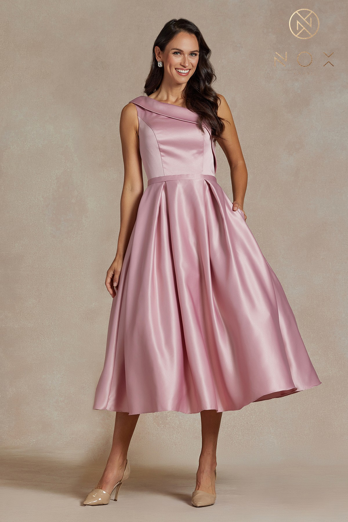 Shiny Satin One-Shoulder Tea-Length Dress and Back Zipper — Nox Anabel JE931
