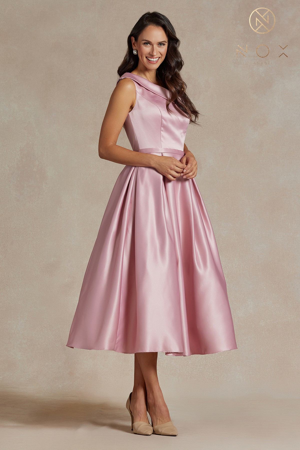 Shiny Satin One-Shoulder Tea-Length Dress and Back Zipper — Nox Anabel JE931