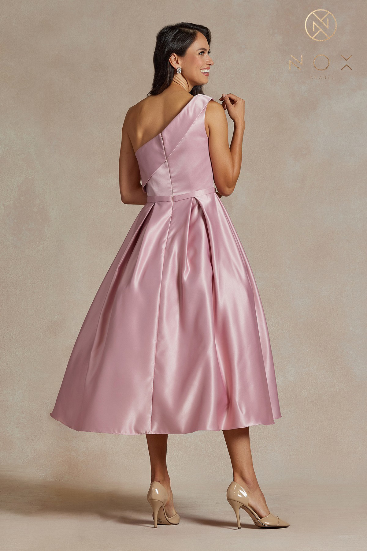 Shiny Satin One-Shoulder Tea-Length Dress and Back Zipper — Nox Anabel JE931