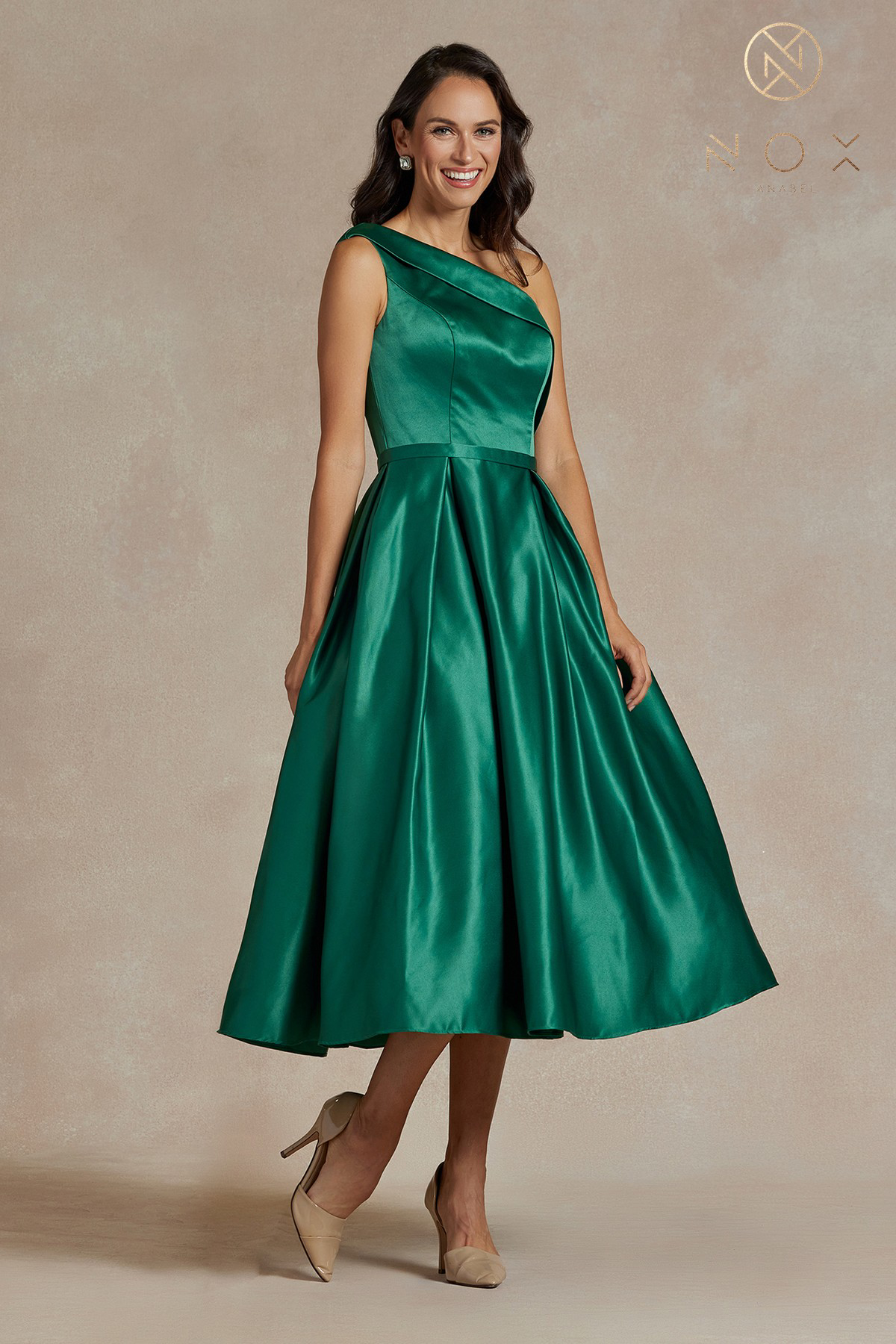 Shiny Satin One-Shoulder Tea-Length Dress and Back Zipper — Nox Anabel JE931