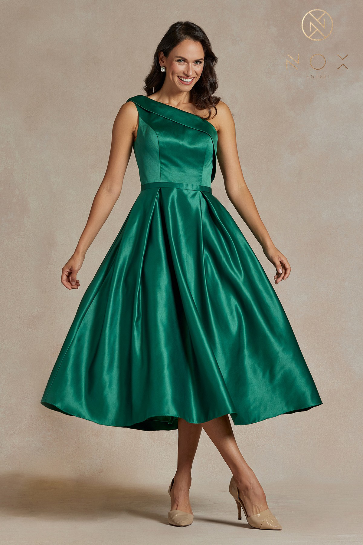 Shiny Satin One-Shoulder Tea-Length Dress and Back Zipper — Nox Anabel JE931