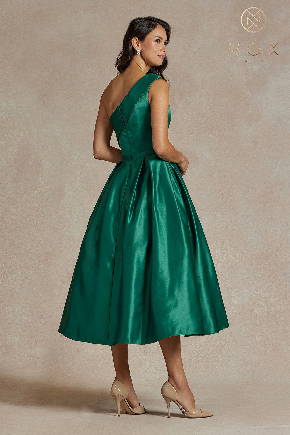 Shiny Satin One-Shoulder Tea-Length Dress and Back Zipper — Nox Anabel JE931