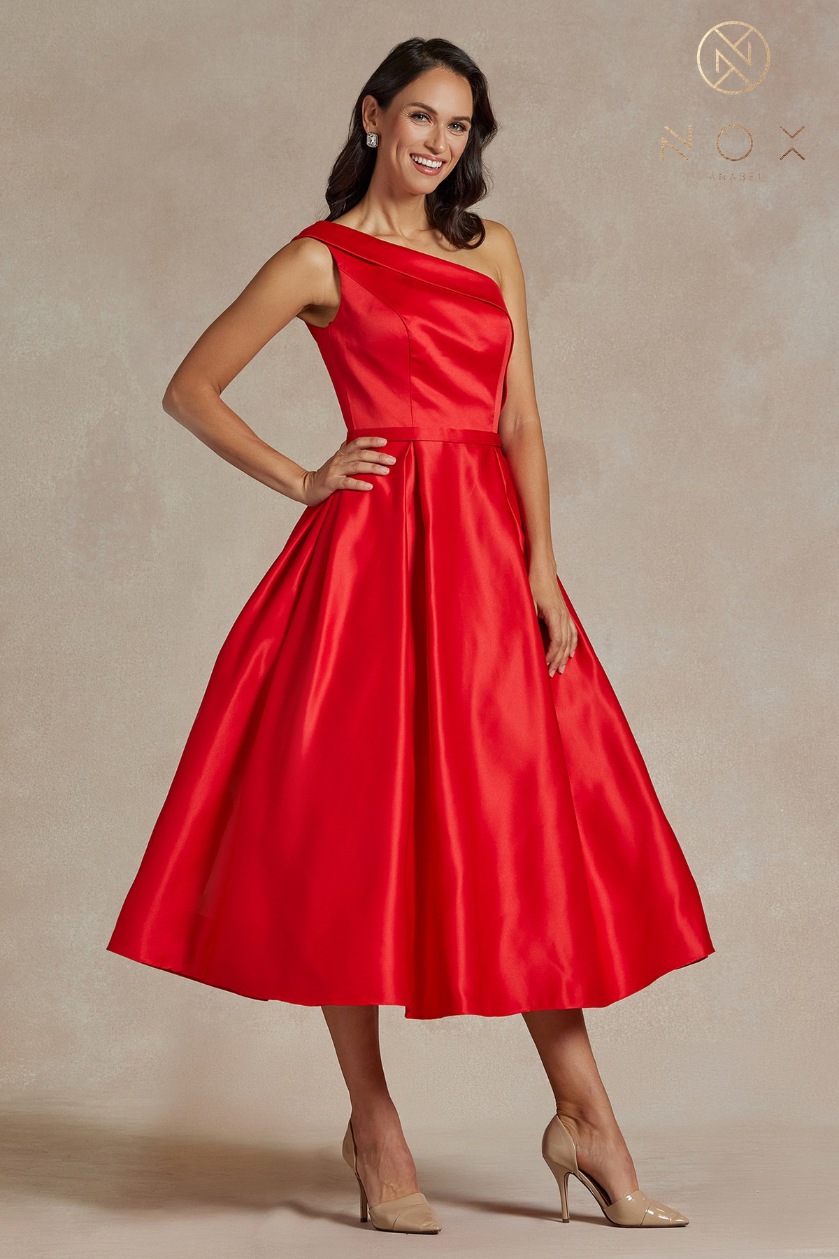 Shiny Satin One-Shoulder Tea-Length Dress and Back Zipper — Nox Anabel JE931