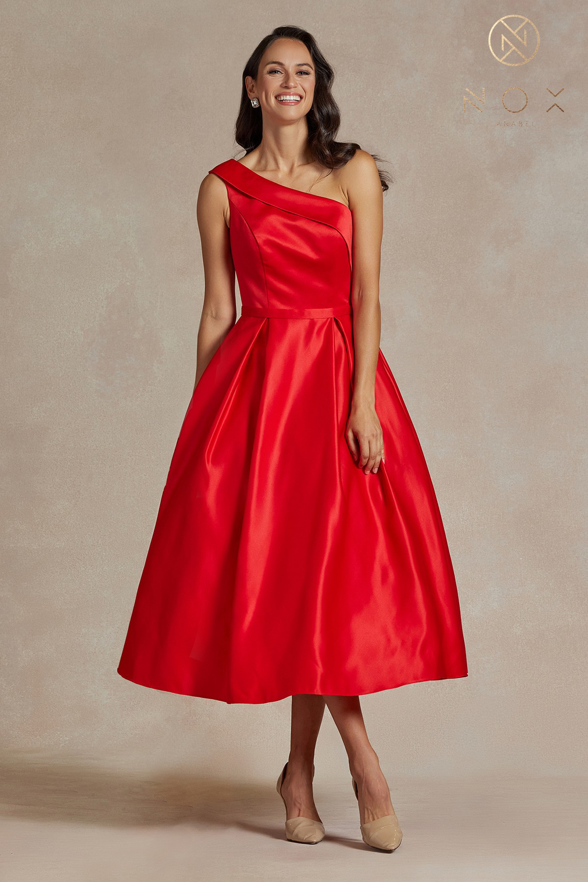 Shiny Satin One-Shoulder Tea-Length Dress and Back Zipper — Nox Anabel JE931